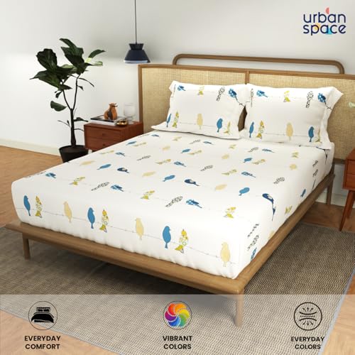 Image of Urban Space Divine 144 TC 100% Cotton Printed Fitted Bedsheet King Size with 2 Pillow Covers (Size 78 x 72 inches, Humming Bird Blue)