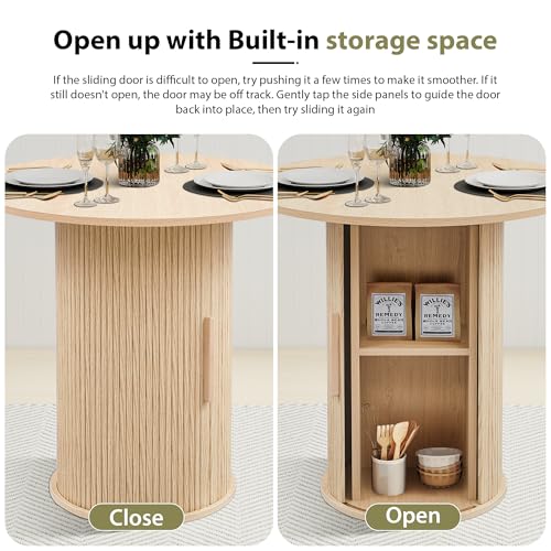 Image of 31.5 inch Round Dining Table for 2-4, Modern Farmhouse Kitchen Table with 2-Tier Storage Shelf, Small Wooden Circle Dining Tables with Fluted Base for Home Dining Room Living Room (Natural)