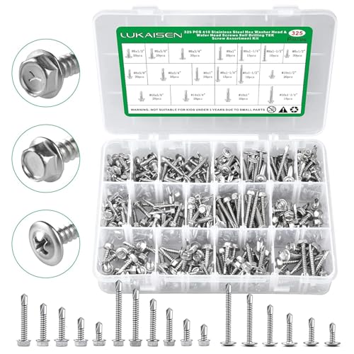 Vis Autoforeuse, 325 PCS 410 Acier Inoxydable Vis Autoforeuse Métal M4.2, M4.8 Tête de Rondelle hexagonale et tête Plate 17 Tailles pour Meubles en Bois en...