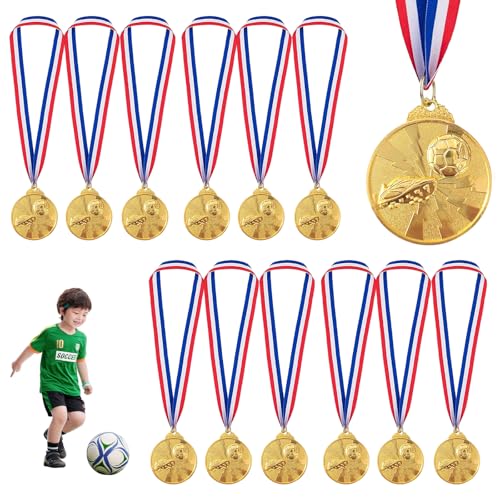 Eulihent 12 Pièces Médailles de Football pour Enfants Médailles en Métal Doré avec Ruban en Nylon Tricolore pour Gagnant Trophee et Cadeaux de Fête de...