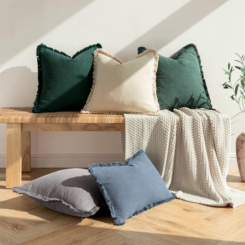 Image of MIULEE Decorative Throw Pillow Covers Neutral Linen Fringe Throw Pillows Euro Shams Set of 2 Navy Blue Boho Farmhouse Cushion Covers for Couch Sofa Bed Living Room Spring Home Decor 24x24 Inch