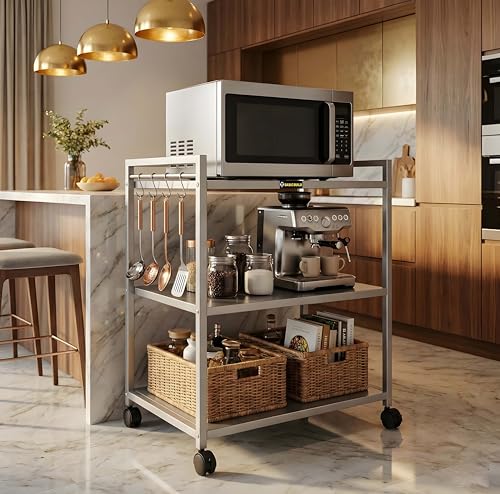 Image of Basic Build Heavy Duty 3 Tier Microwave Oven Stand for Kitchen | Multi-Purpose Metal Rack with Wheels | Storage Organizer for Oven, OTG, Air Fryer, Printer, and Appliances (Silver)