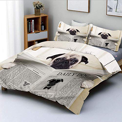 Juego de funda de edredón Puppy Reading the Newspaper on the Toilet Bathroom Funny Image Pug Joke Print 1 funda de edredón y 2 fundas de almohada de microfibra ultrasuave de primera calidad para niños