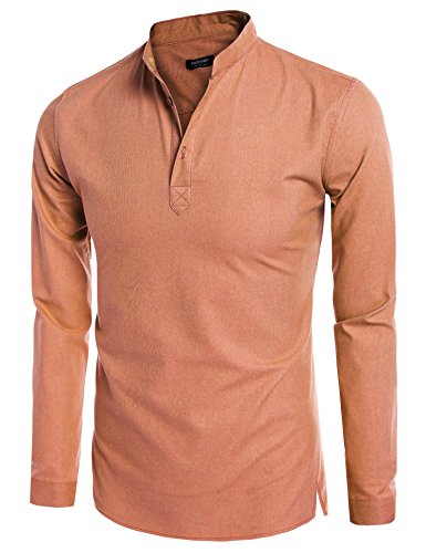 COOFANDY Men's Henley Neck Shirt Long Sleeve Shirts Casual V-Neck Linen Shirts (Orange, Small(US X-Small))