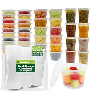 Freshware [60 Count] 8, 16, 32 oz, 20 sets each size Food Storage Containers with Lids,Plastic Deli Containers, Meal Prep Containers, Microwave and Freezer Safe,Stackable, Leakproof, BPA Free, Clear