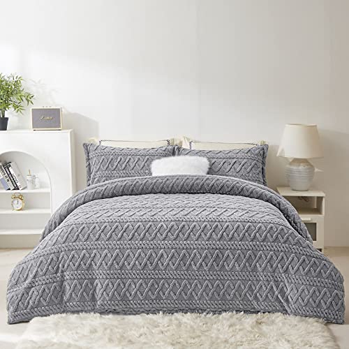 Gray Plush Tufted Duvet Cover Queen Fluffy Boho Shabby Chic Bedding Set Winter Flannel Textured Comforter Cover For Winter (1 Duvet Cover + 2 Pillowcases) With Corner Ties #TOP4