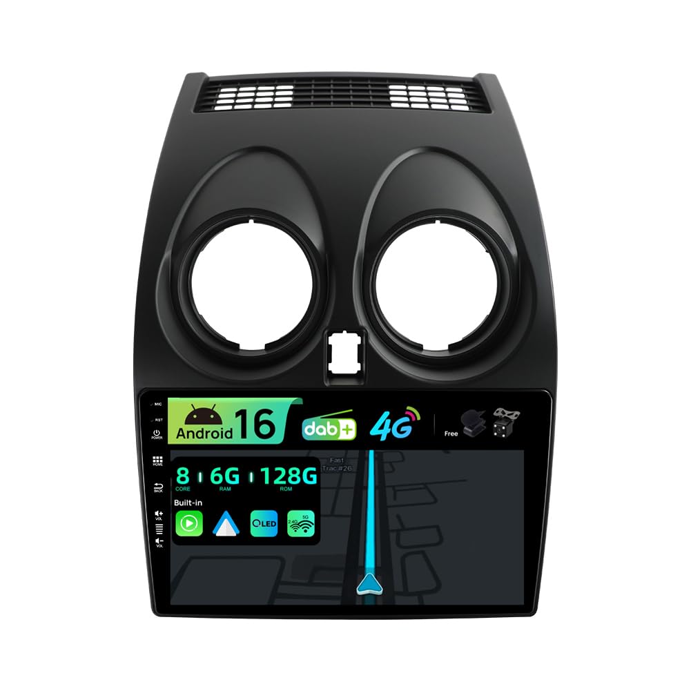 [Eingebaut 4G DAB] - 6G+128G - Android 16 Autoradio für Nissan Qashqai J10 (2006-2015) - Kabellos Carplay/Android Auto - Kamera + MIC - IPS 9 Zoll 2 Din - SWC WIFI Fast-boot 360-CAM HDMI DSP