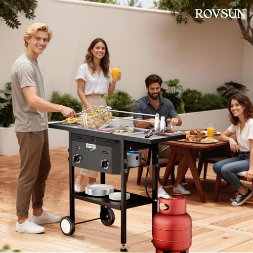 Image of ROVSUN Outdoor Deep Fryer with 8QT & 8QT Stainless Steel Tank & Basket, Portable Propane Gas Fryer with Rolling Cart, Storage Shelves, Lids & Thermometer for Outdoor Backyard Cooking Frying