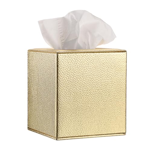 Sumnacon Tissue Box Cover Square Tissue Box Stylish PU Tissue Box Holder with Magnetic Bottom Leather Cube Tissue Cover for Living Room Bathroom Bedroom Table Desk Home Office Car Gold
