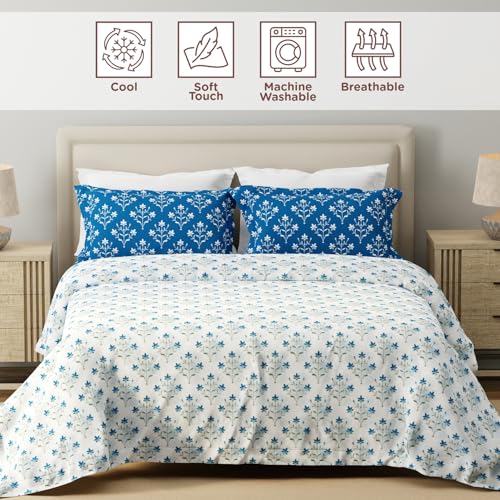 Image of Layers 100% Cotton for King Size Bed | 120 TC Floral, Soft, Breathable, Machine Washable Bedsheet with 2 Pillow Covers | Forever Collection (274 x 274 cm) - Blue & White