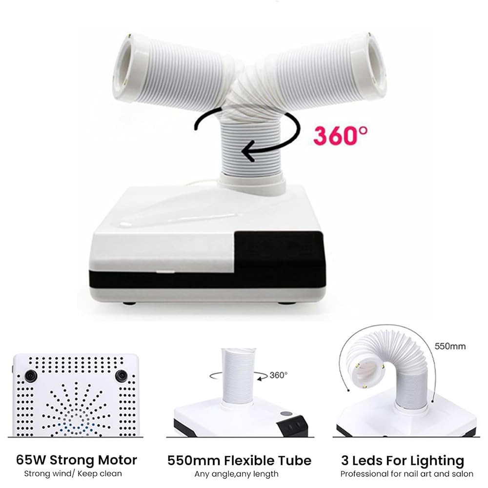 Colector de polvo de uñas, aspiradora de 60 W con 3 luces LED, filtro extraíble, 2 modos de succión, conducto de 360°, para salones, laboratorio, hogar