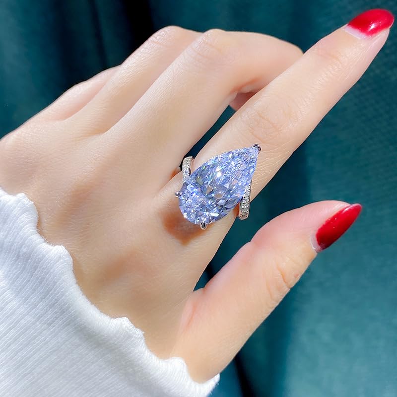 Pear Cut Crystal Ring, Large Blue Stone, Sterling Silver Band with Accent Diamonds3