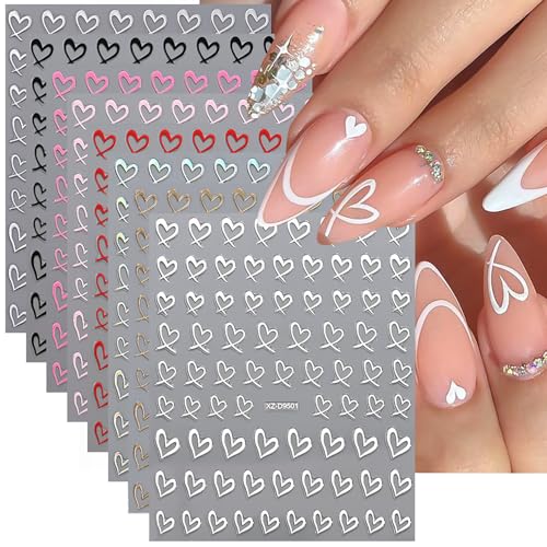 8Pcs Heart Nail Art Stickers 3D Self-Adhesive Sparkling Love Nail Art Decals Gold Silver Red White Black Romantic Heart Designs Nail Sticker for Valentine DIY Manicure Decoration Accessories