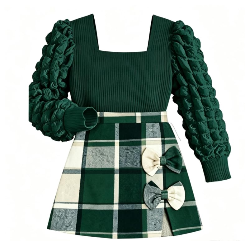 Image of Toddler Girl Clothes Girls Outfits Flare-lace Sleeve Top and Plaid Skirt Dress Fall Winter 2Pcs Girls Clothes 5-12T