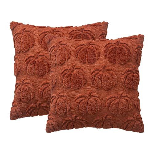 GUOOL 2 個入り かぼちゃの枕カバー クッションカバー ホームデコレーション 刺繍入り 秋 スローピローケース ソファー チェア カウチ用枕, ラストレッド