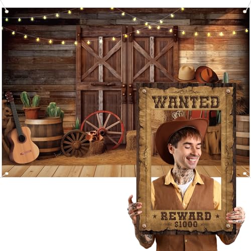 Motipuns Western Cowboy Party Decorations - Backdrop and Wanted Photo Booth Set, Rodeo Photoshoot Fun Selfie Frame Supplies for Adult Birthday Decor
