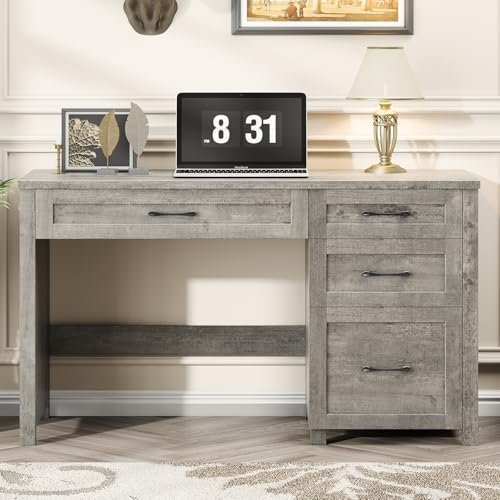 Image of Farmhouse 47 inch Executive Desk with File Drawer, Wood Computer Desk with 4 Storage Drawers, Workstation for Home Office, Study, Writing. (Grey)