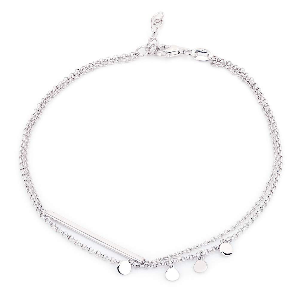 Vanbelle Sterling Silver Jewelry - Rhodium Plated with 925 Stamp - Double Layered Chain Circle & Bar Charms Anklet - Elegant handcrafted Stylish Designed for Women- 9" long + 1" extender