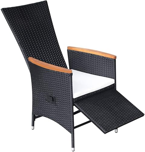 Miniatura 5 de Sillas de patio reclinables 2 piezas con cojines de ratán de poliéster negro, comedor al aire libre, sillas exteriores Sillas para Comedor para