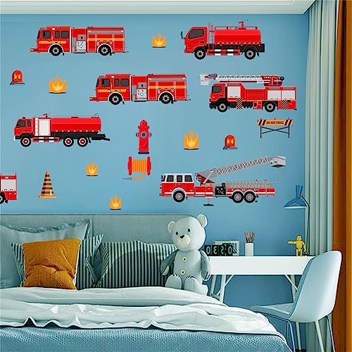 Image of WOHAHA Red Fire Trucks Wall Decals Transportation Firefighter Vehicle Wall Stickers Peel and Stick Removable Wall Art Murals Boys Bedroom Playroom Kids Nursery Room Decor