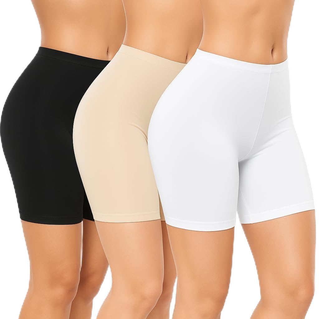 Women’s Soft Stretch Cycling Shorts Pack of 3 | Black Skin White Color Plain-image-1
