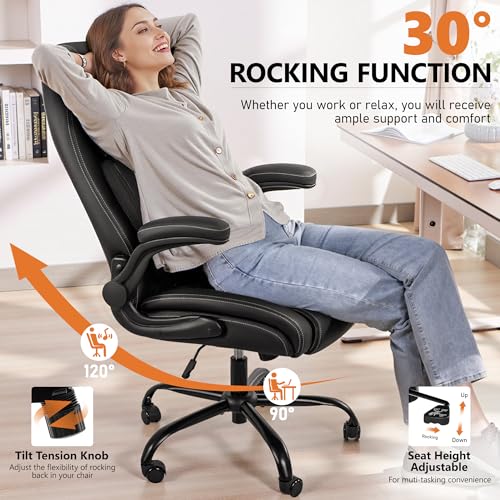 Image of BESTFAIR Office Chair, Ergonomic Computer Desk Chairs with Lumbar Support for Lower Back Pain Relief, Executive Leather Home Chair Comfy with Padded Flip-up Armrests, Black, 6-Pack