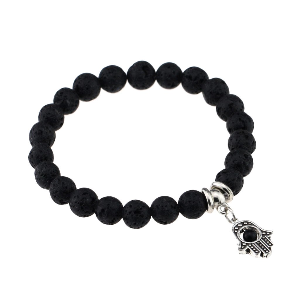 JSEA12 Styles Black Lava Beads Stretch Bracelet Leaf Cross Star Charms Elastic Bracelet Bangle
