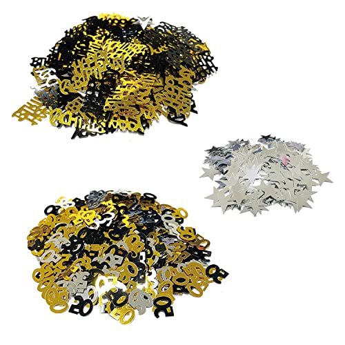 Confeti de 50 cumpleaños de 65 g, incluye 1200 piezas de oro, plata, negro, 50 lentejuelas, 15 g, confeti de estrella de plata, 20 g, oro negro, feliz cumpleaños, para fiesta, decoración de mesa