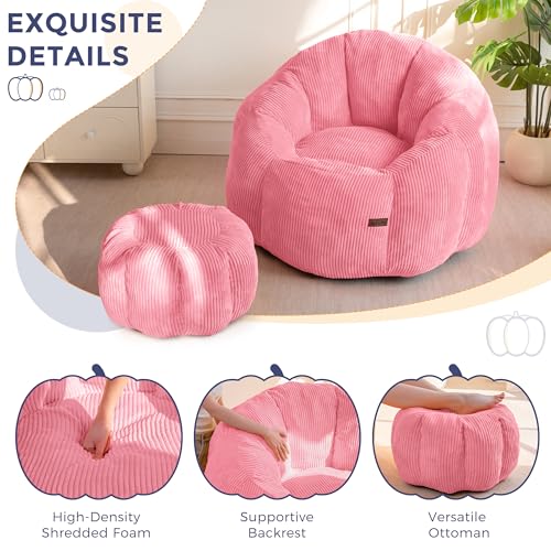 Image of MAXYOYO Giant Bean Bag Chair with Ottoman, Pumpkin-Shaped Bean Bag Sofa with Footstool, Oversized Boneless Couch Chair in a Box, Comfy and Lazy Lounge for Dorm, Living Room, Bedroom, Pink