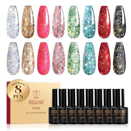 ROSALIND Esmaltes Semipermanentes Purpurina, 8 Colores Plateado Dorado Rosa Verde Azul Rojo Negro Pintauñas Semipermanentes Brillo,Soak Off UV/LED Mini Glitter Esmaltes en Gel Manicure Regalo