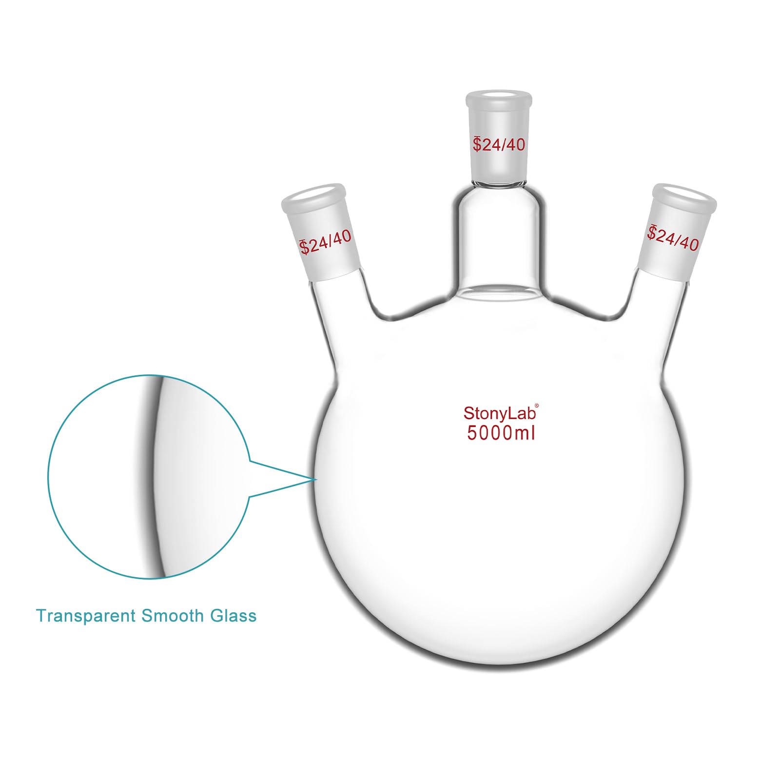 StonyLab 50 ml szklana kolba okrągła z 3 szyjami RBF, z 24/40 centrami i bocznym standardowym złączem Taper Outer Joint (5 l)