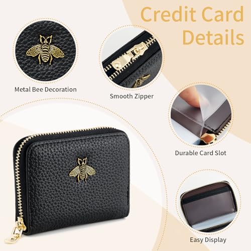 Image of WOZEAH Leather Credit Card Holder for Women Wallet RFID Blocking Zipper Wallet Card Case Business(Black)