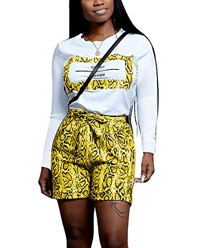 Women’s 2 Piece Outfits - Snakeskin Letter Print Long Sleeve Pullover Sweatshirt + Snake Skin Tie Waist Shorts Set Tracksuit Yellow Small