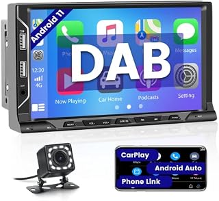 Hikity CarPlay Android 11 Car Stereo Double Din Built-in DAB/DAB+ 7" Touch Screen Car Radio Bluetooth with Android Auto Sat Nav WiFi Mirror Link 6 USB Port FM RDS Radio SWC+Reverse Camera