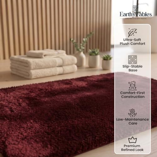 Image of Earthy Fables Plush Microfiber Bath Mat, Quick Dry, Anti-Skid, Water Absorbent, Non-Slip, Machine Washable Floor Rug, Shower Mat, Door Mat for Bathroom, Bedroom, 75 x 45 cm - Wine
