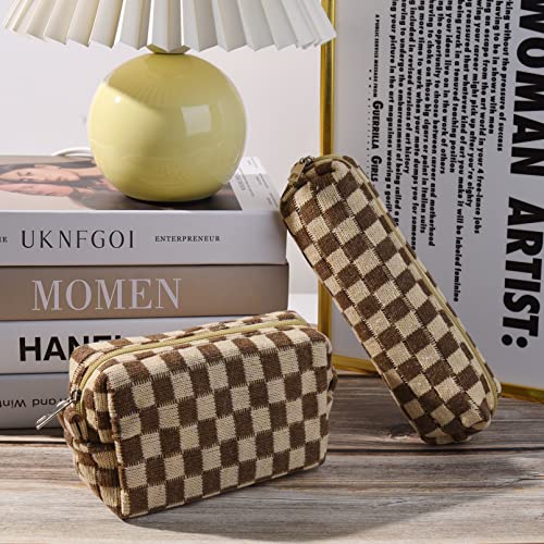 Soidram Makeup Bag Checkered Cosmetic Bag Brown Makeup Pouch 1Pcs Large Capacity Makeup Bags And 1Pcs Pencil Case Makeup Brushes Storage Bag Travel Toiletry Bag Organizer #TOP3