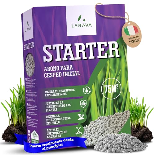 LERAVA STARTER abono cesped - favorece el crecimiento de las raíces - se combina con semillas de césped - no quema - cesped natural - refuerza la resistencia de las plantas - abono para cesped - 75m²