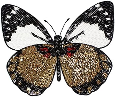 Iron on or Sew on Sequin Butterfly Patch Embroidered Patches Badge Motif Applique Compatible Clothing Jeans T-Shirt Sweater Hoodies (White&Gold)