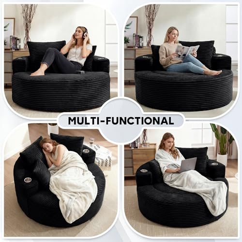 Image of Oversized Round Chair Lounge Chaise Indoor, 55.5 inch Upholstered Corduroy Deep Seat Single Cloud Sofa Chair with Cup Holder, Modern Large Circle Boneless Sleeper Sofa for Living Room, Black