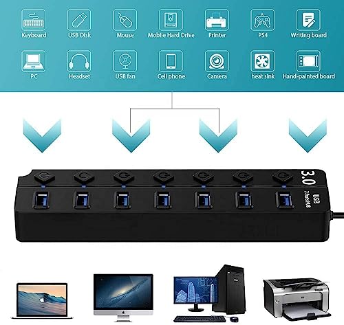 Image of Barebeauty USB 3 Hub, 0 7-Port with Individual Power Switches | High-Speed Data Transfer Multi USB Splitter for Laptop & PC | Portable USB Expander for Keyboard, Mouse, Pendrive & Accessories