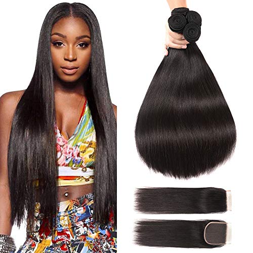 Hepoiss Straight Hair 4 Bundles with Closure Unprocessed Brazilian Straight Virgin Human Hair Bundles with Closure Free Part Natural Color (18/20/22/24+16, 4 bundles with closure)