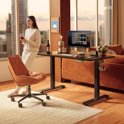 Image of FEZIBO 55 x 24 Inchs Electric Standing Desk, Height Adjustable, Sit Stand Up, Computer Office Desk with Splice Board, Black Frame /Black Top
