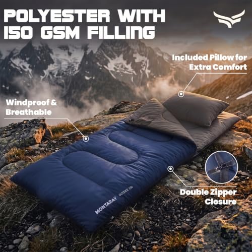 Image of Montaray by Xtrim Outsite 150 Camping Sleeping Bag with Pillow, 150 GSM
