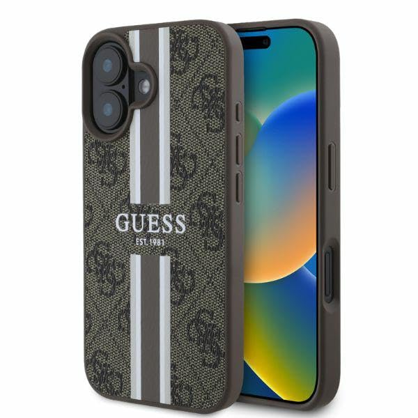 Guess Coque rigide pour iPhone 16 6,1" Marron Rayures imprimées 4G TPU/PC/cuir synthétique Compatible avec chargement sans fil