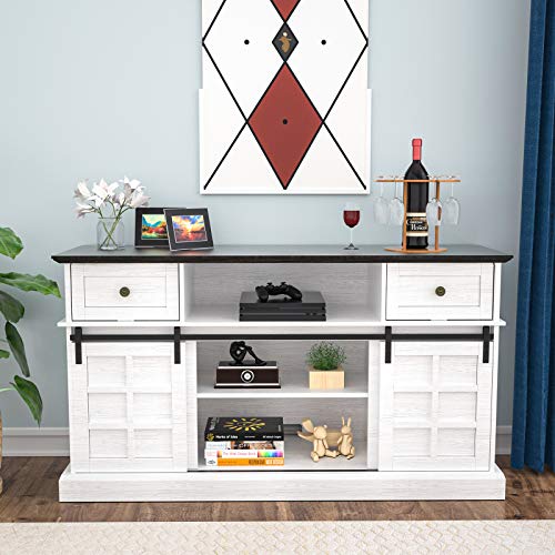 LGHM Entertainment Center, TV Stand for 65 inch TVs, 58\" Farmhouse Wood TV Stand with Sliding Barn Doors, Ideal Media Storage with Front Flip-Up & Slip Drawers for Living Room, Bedroom, White