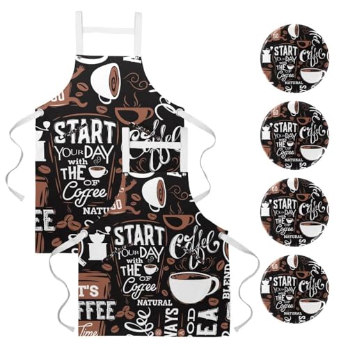 Lot de 2 tabliers de cuisine Coffee Time multicolores taille unique avec 4 broches incluses