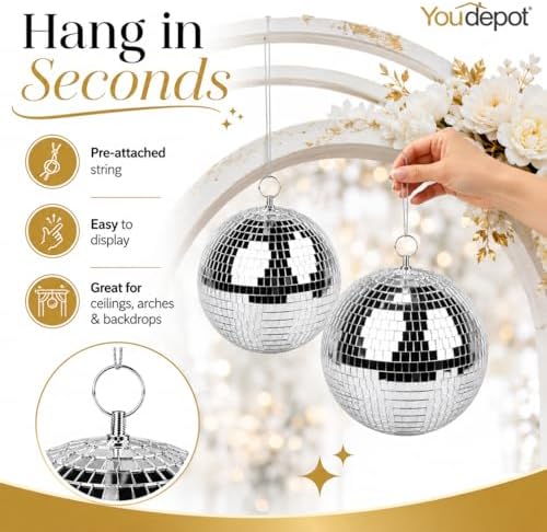 Bola espejada Youdepot de 8 pulgadas, paquete de 2 unidades y 54 bolas espejadas mini, decoración para Navidad, fiestas, bodas y manualidades miniatura 6