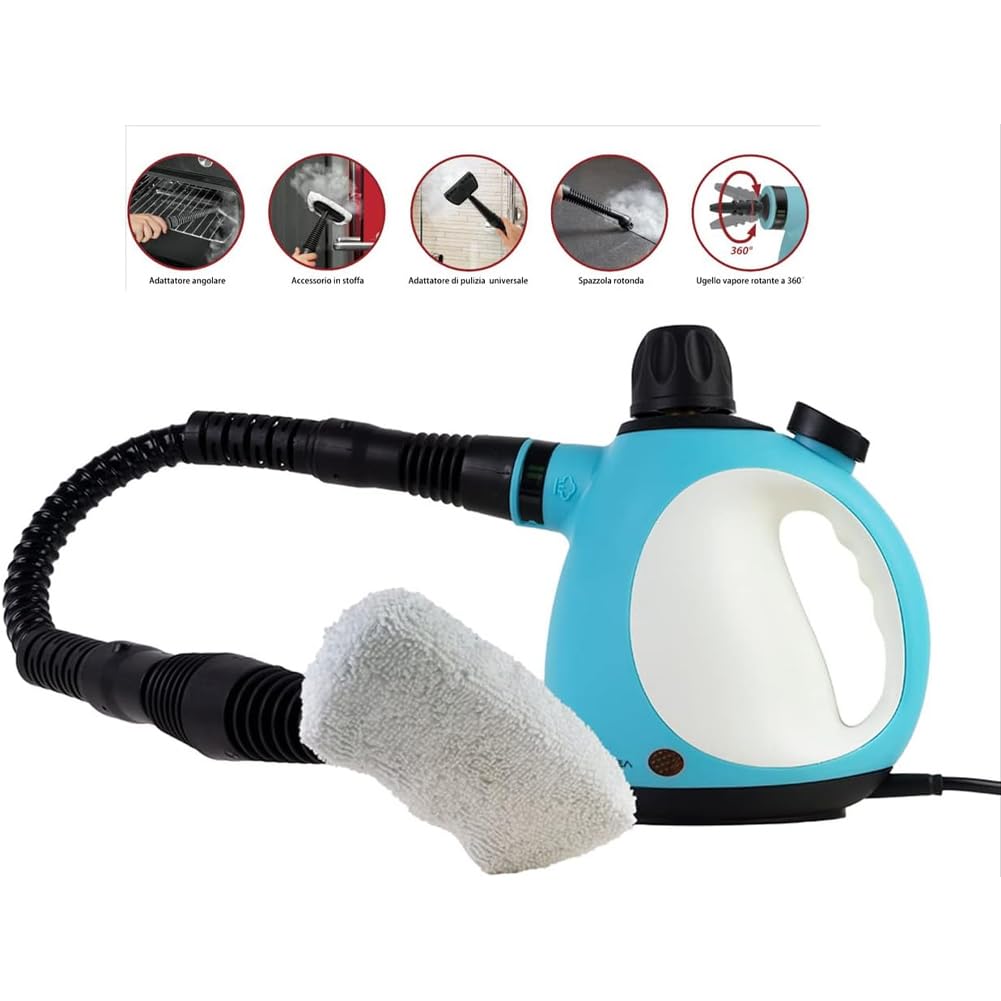 BAKAJI Pulitore a Vapore Portatile, Vaporizzatore con Manico Ergonomico, Potenza 1050 Watt, Capacità 0,25 litri 4 Accessori, Ideale per Cucina, Pavimento, Bagno, Lavandino e Disinfettare Piccoli Spazi