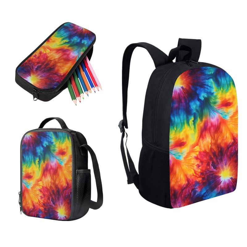 Rainbow Tie Dyeing Backpack 3Pcs Set Colorful Gradient 17inch School Backpack for Kids Students Boys Girls Tie Dye Art Bookbag Lunch Bag Pencil Case3