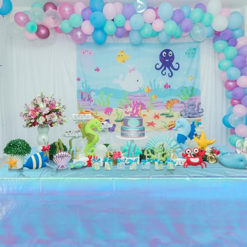 Image of FunnyPars 1 Pack Iridescent Blue Plastic Tablecloth,Shiny Blue Disposable Laser Rectangle Table Covers,Blue Holographic Foil Tablecloth Party Decorations for Birthday,40x108''